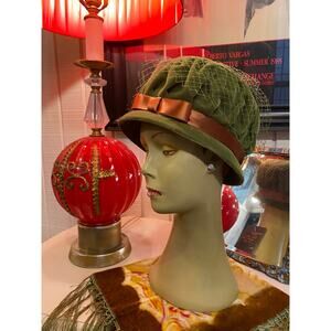 vintage 1960s olive green velvet hat with veil 60s mod ruched millinery net